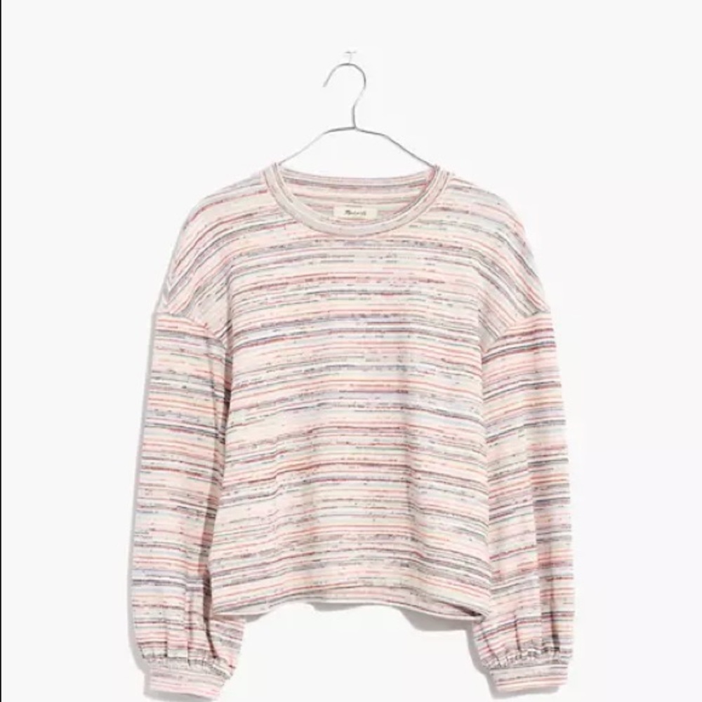 madewell bubble sleeve crop top in rainbow stripe